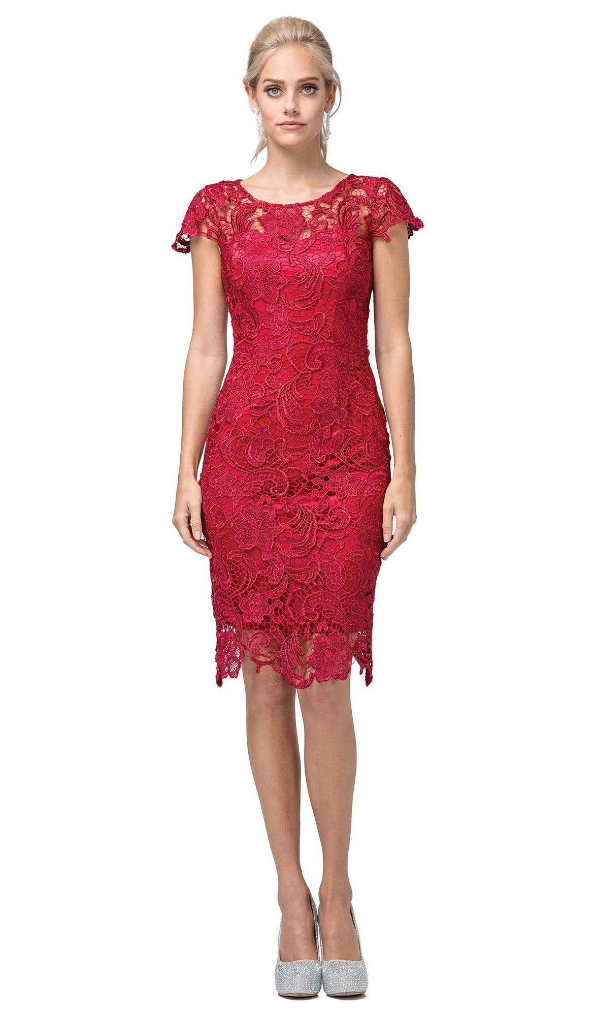 Dancing Queen - 9677 Lace Embroidered Scoop Neck Fitted Dress Wedding Guest XS / Burgundy