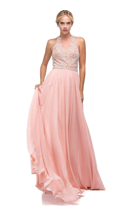 Dancing Queen - 9689 Jeweled High Illusion Long Chiffon A-Line Prom Dress Special Occasion Dress XS / Blush