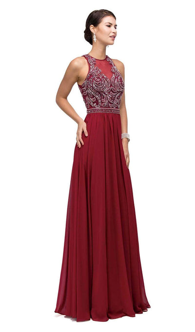 Dancing Queen - 9689 Jeweled High Illusion Long Chiffon A-Line Prom Dress Special Occasion Dress XS / Burgundy