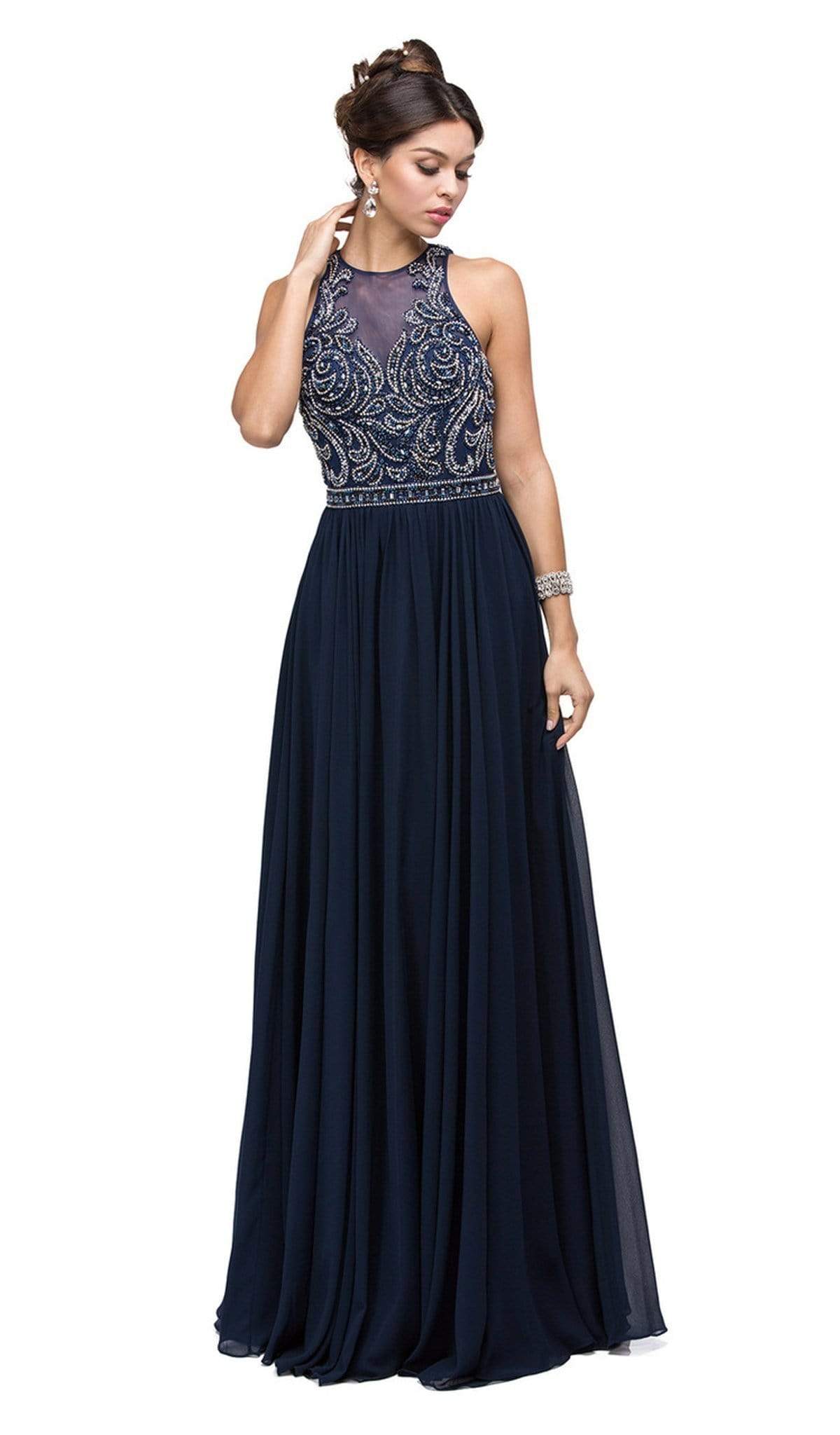 Dancing Queen - 9689 Jeweled High Illusion Long Chiffon A-Line Prom Dress Special Occasion Dress XS / Navy