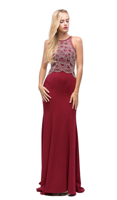 Dancing Queen - 9697 Embellished Bodice Long Prom Dress with Racer Back Special Occasion Dress XS / Burgundy