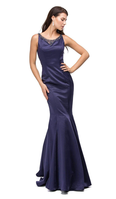 Dancing Queen - 9699 Glamour Embellished Sheer Back Long Mermaid Prom Dress Special Occasion Dress XS / Navy