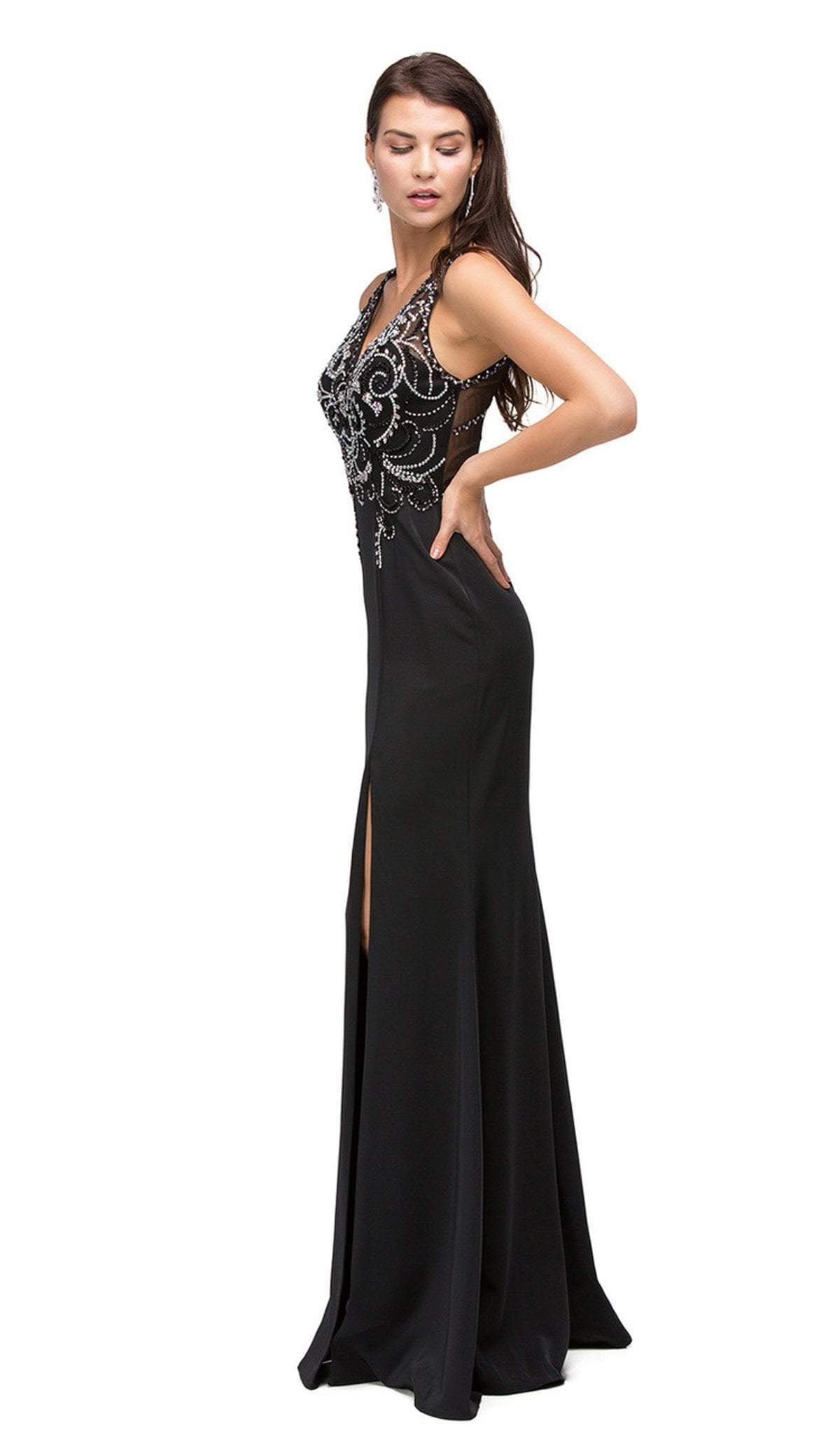 Dancing Queen - 9704 V-Neck Beaded Bodice Illusion Back Long Prom Dress Special Occasion Dress XS / Black