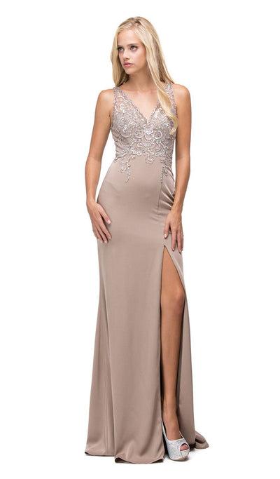 Dancing Queen - 9704 V-Neck Beaded Bodice Illusion Back Long Prom Dress Special Occasion Dress XS / Tan