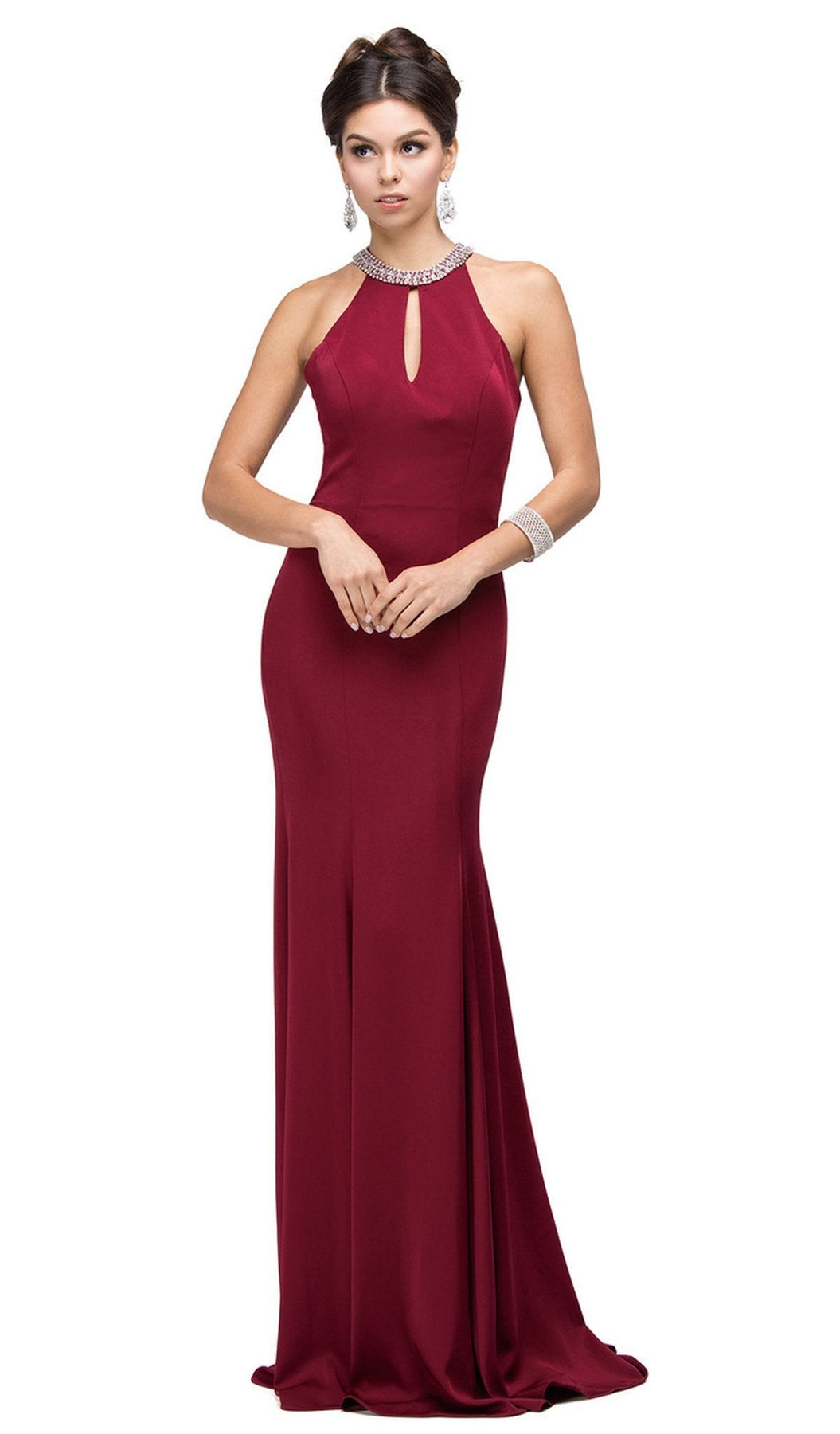 Dancing Queen - 9708 Jeweled Keyhole Neckline Long Prom Dress Special Occasion Dress XS / Burgundy
