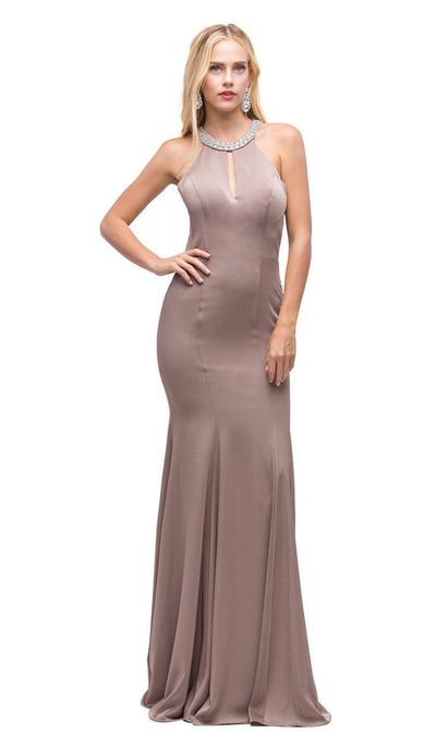 Dancing Queen - 9708 Jeweled Keyhole Neckline Long Prom Dress Special Occasion Dress XS / Mocha
