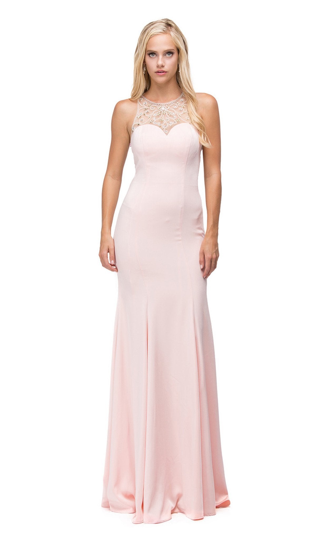 Dancing Queen - 9715 Adorned Sleeveless Illusion Jewel Jersey Prom Dress Special Occasion Dress XS / Blush