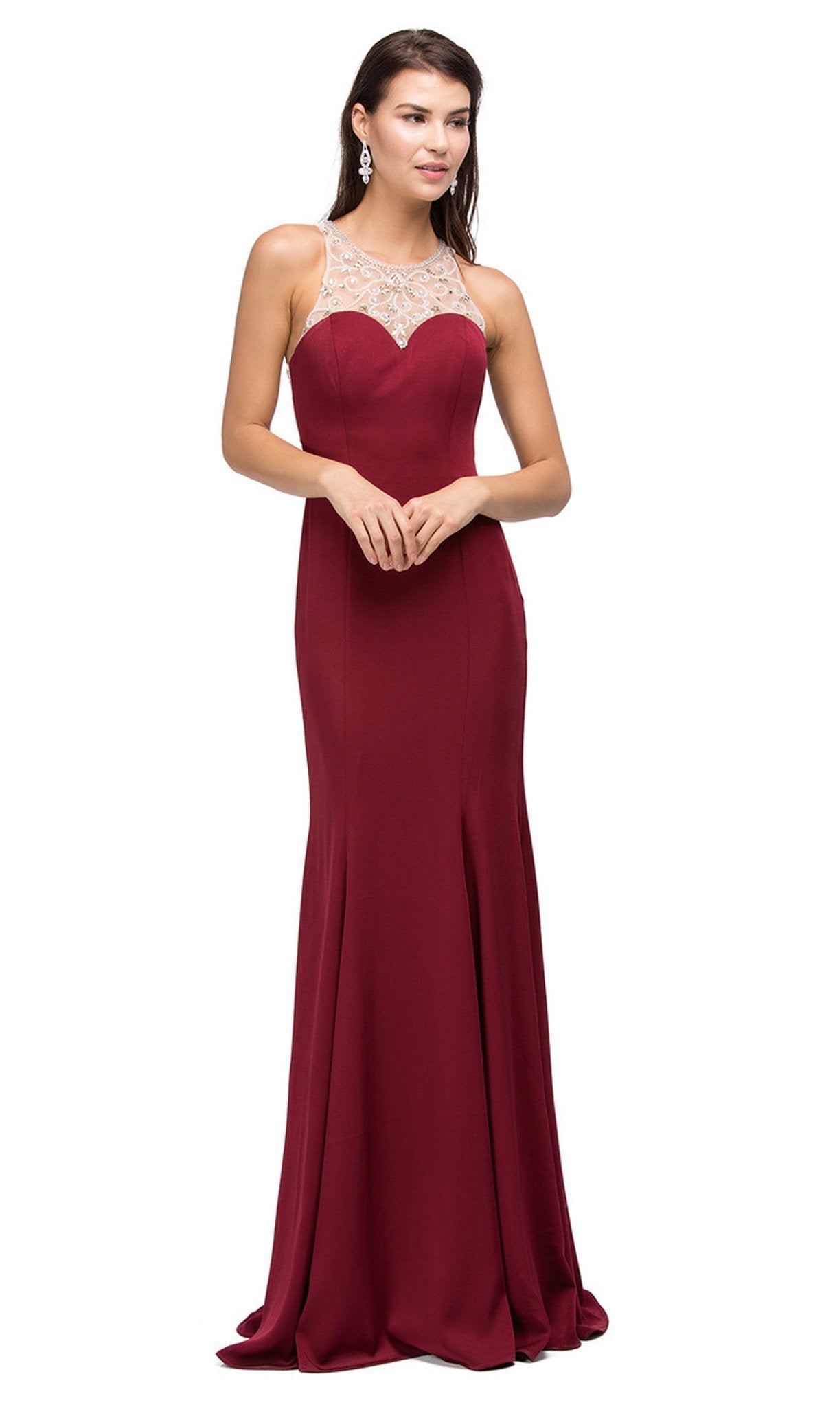 Dancing Queen - 9715 Adorned Sleeveless Illusion Jewel Jersey Prom Dress Special Occasion Dress XS / Burgundy