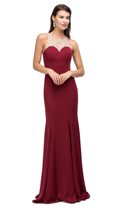 Dancing Queen - 9715 Adorned Sleeveless Illusion Jewel Jersey Prom Dress Special Occasion Dress XS / Burgundy