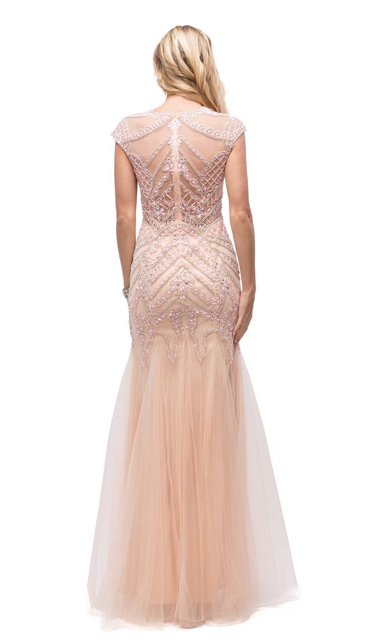 Dancing Queen - 9734 Lace Beaded Ornate Mermaid Dress Special Occasion Dress M / Blush