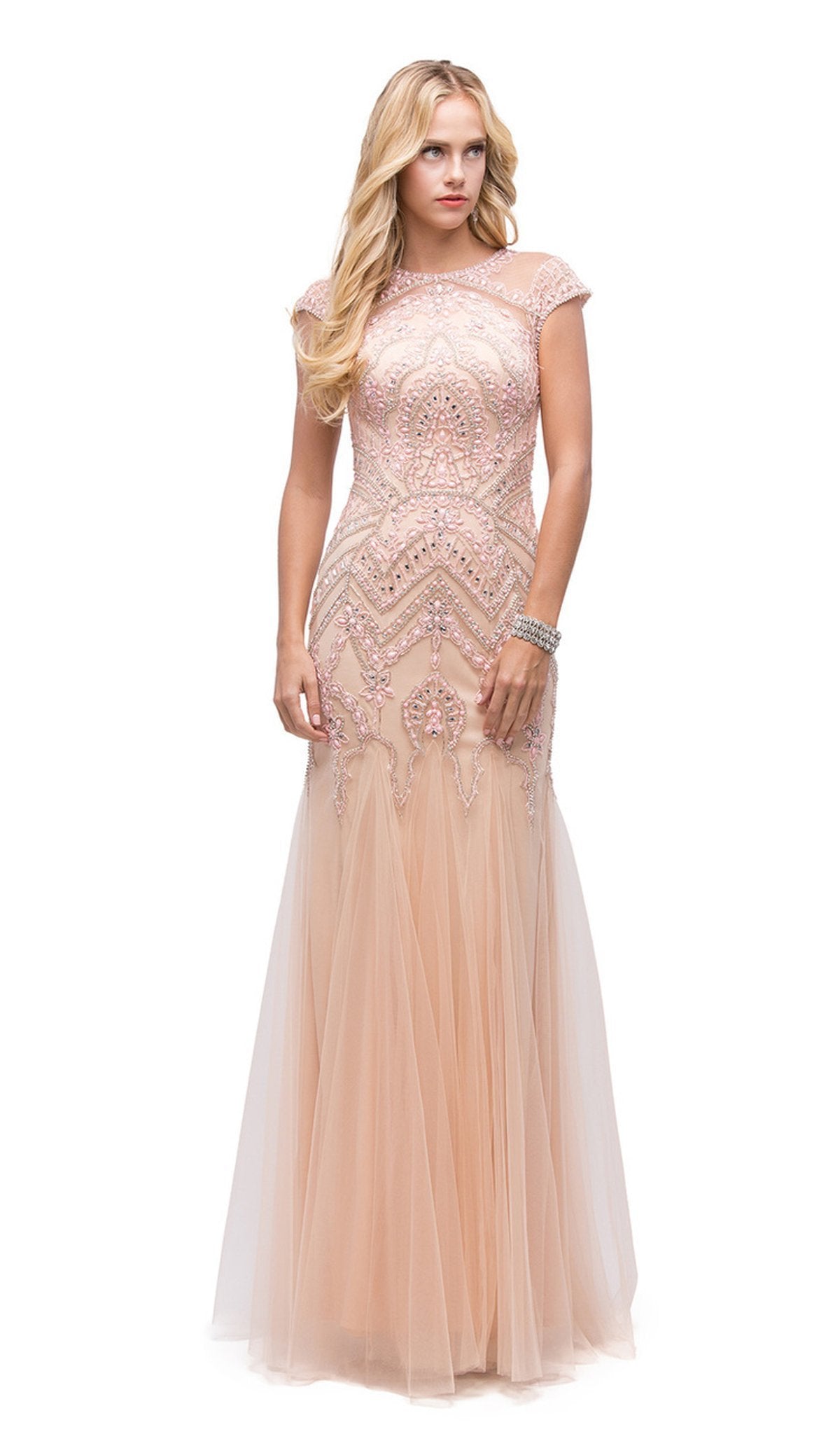 Dancing Queen - 9734 Lace Beaded Ornate Mermaid Dress Special Occasion Dress XS / Blush