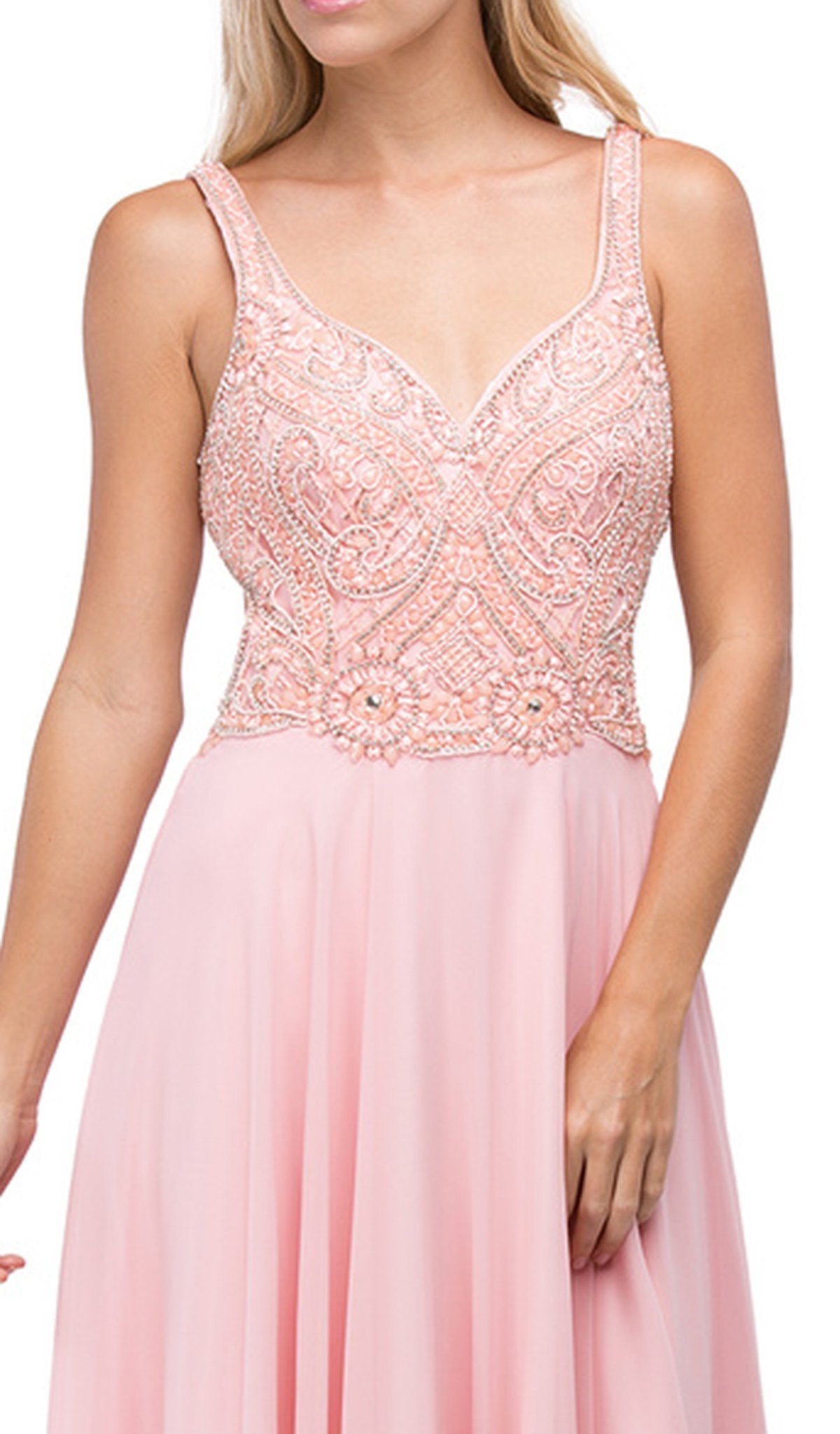 Dancing Queen - 9743 Beaded Bodice V-Neck Long A-line Prom Dress Special Occasion Dress S / Blush