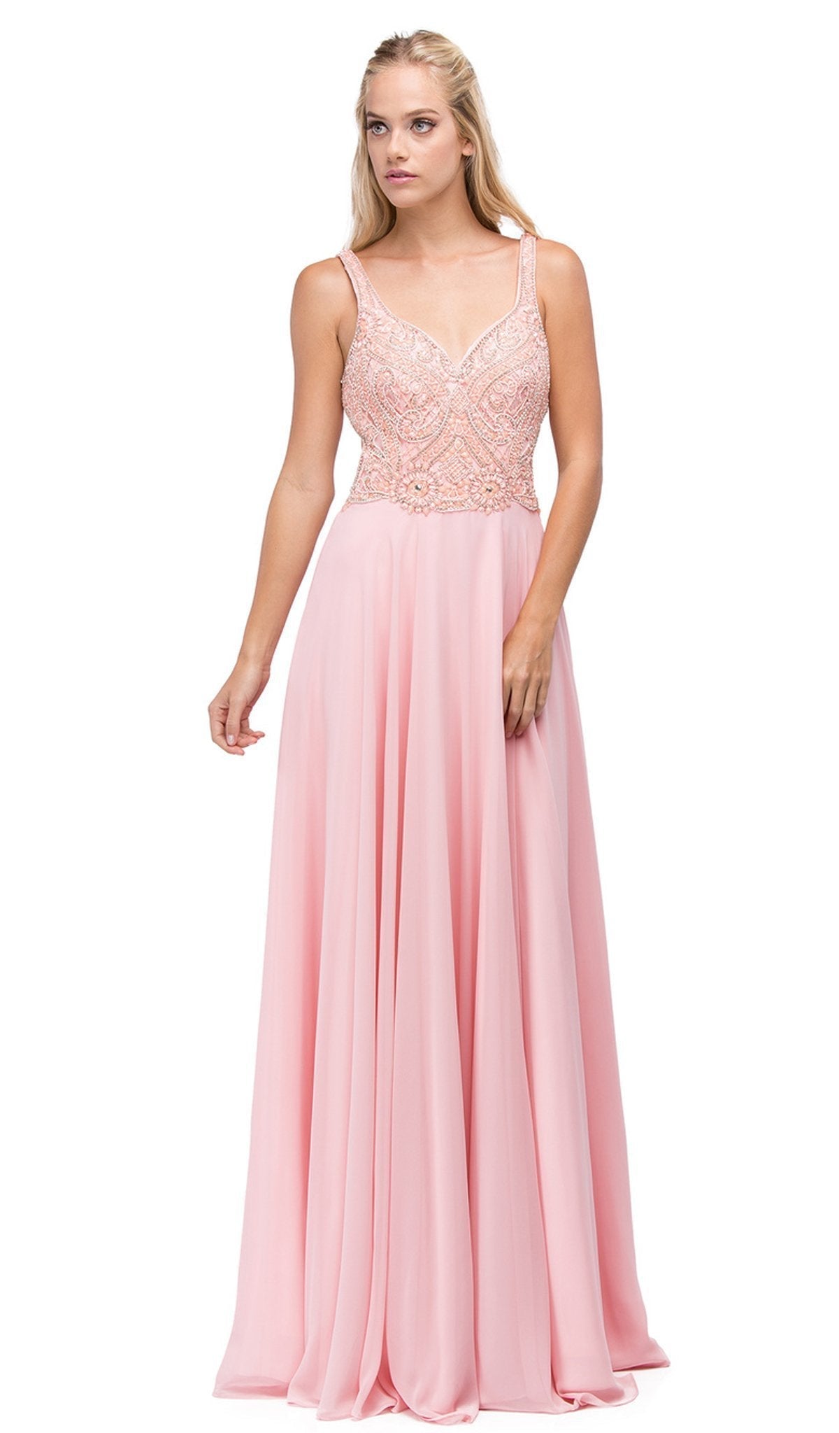 Dancing Queen - 9743 Beaded Bodice V-Neck Long A-line Prom Dress Special Occasion Dress XS / Blush