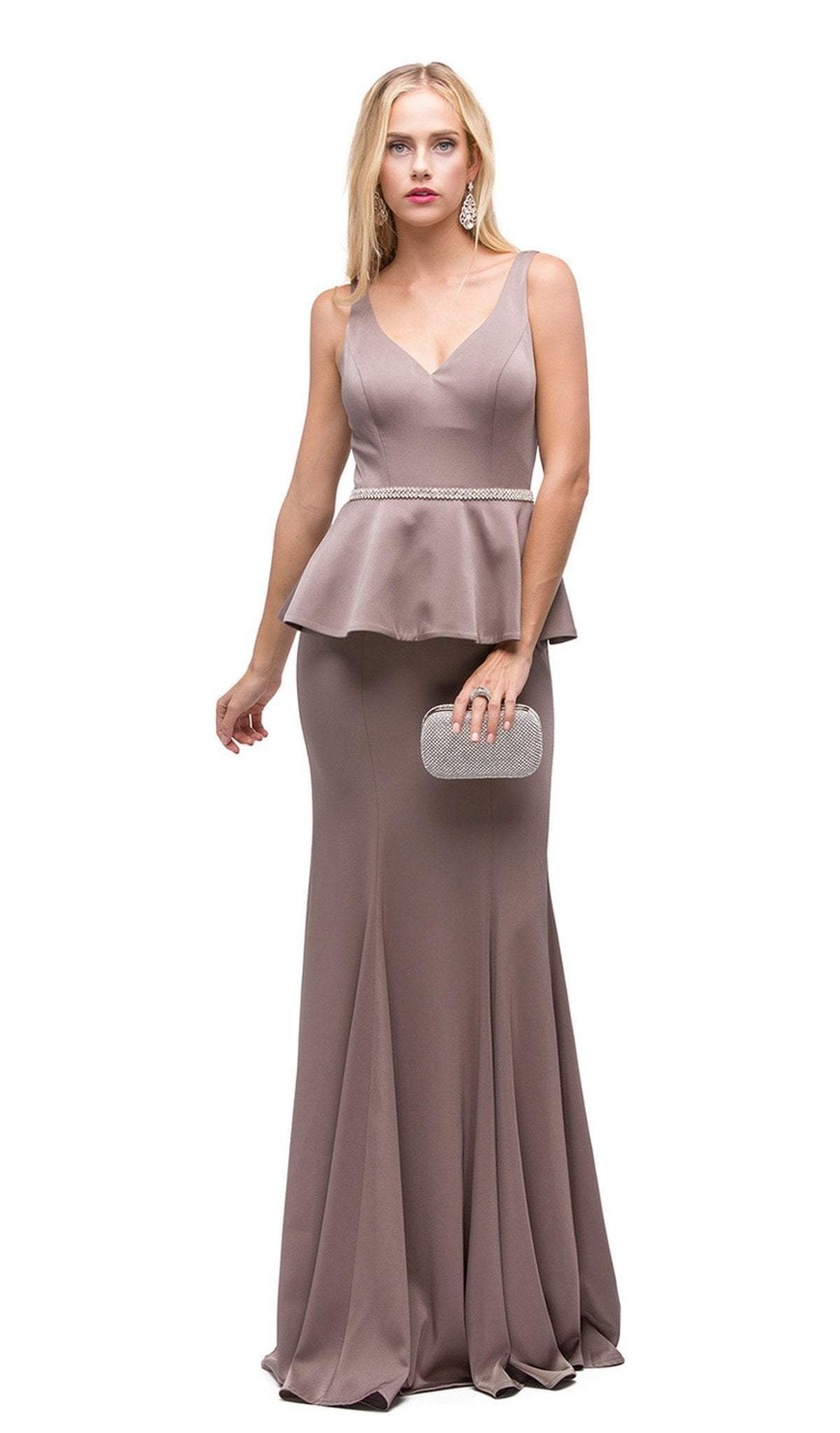 Dancing Queen - 9750 Jewel Encrusted V-Neck Peplum Evening Dress Evening Dresses XS / Mocha