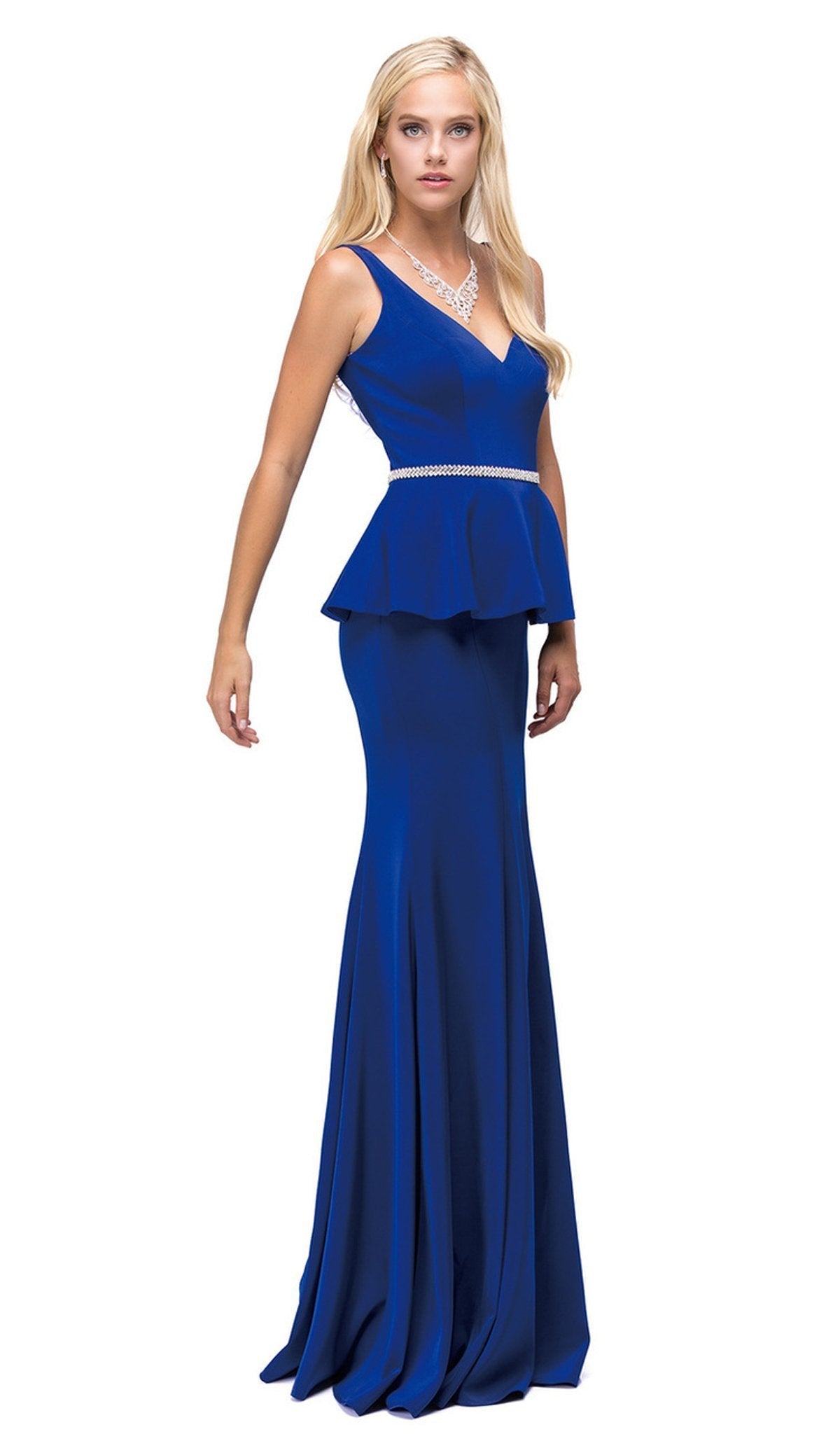 Dancing Queen - 9750 Jewel Encrusted V-Neck Peplum Evening Dress Evening Dresses XS / Royal Blue