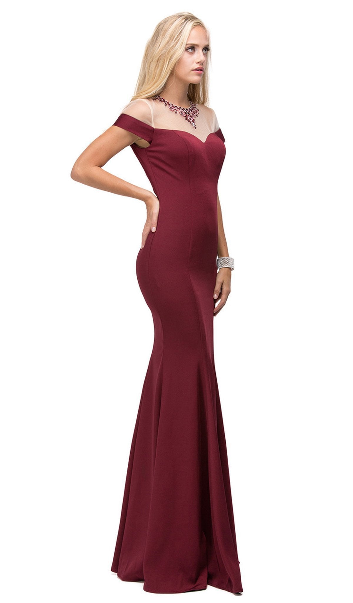 Dancing Queen - 9752 Long Mock Off-the-Shoulder Illusion Prom Dress Special Occasion Dress XS / Burgundy