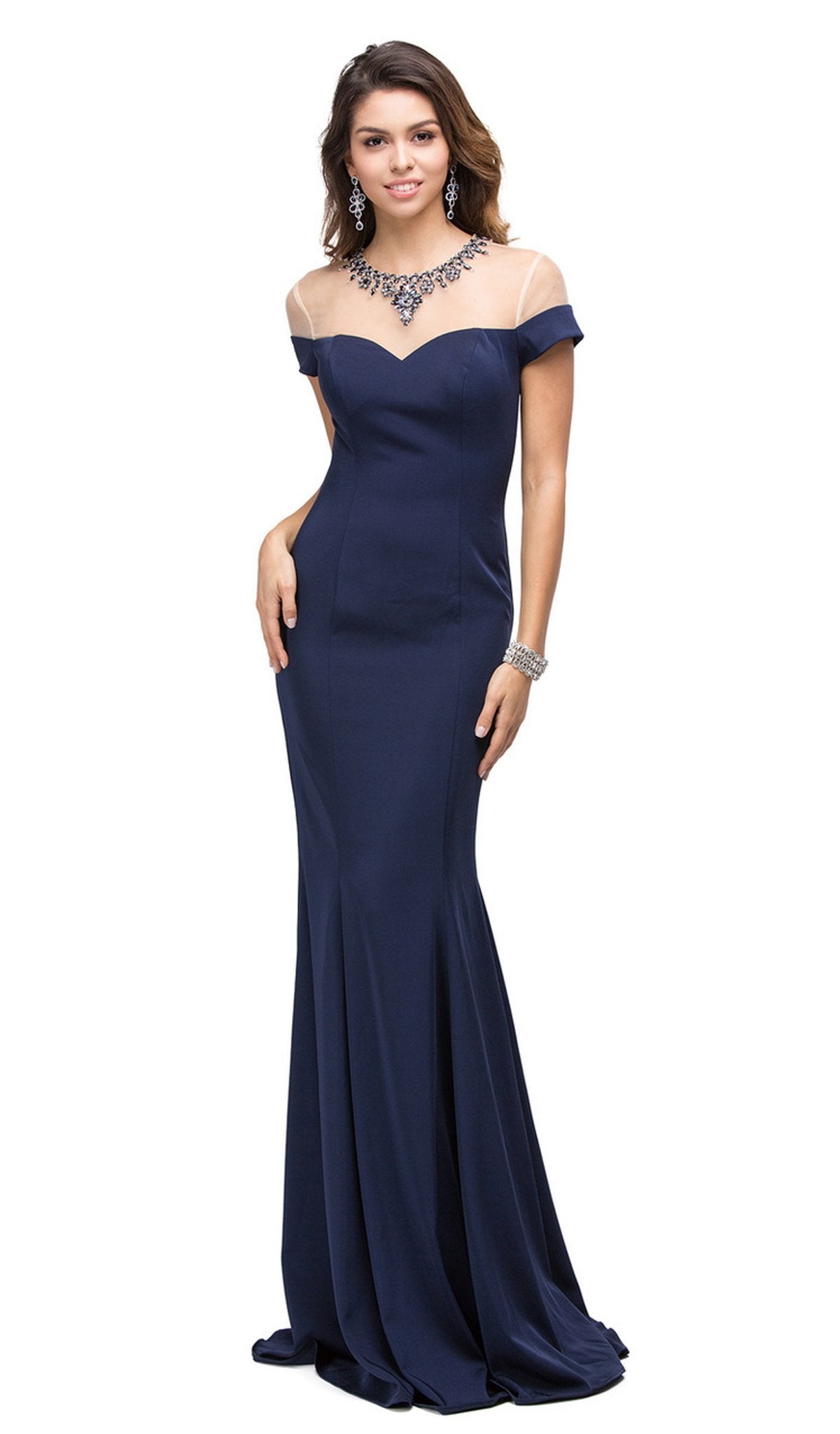 Dancing Queen - 9752 Long Mock Off-the-Shoulder Illusion Prom Dress Special Occasion Dress XS / Navy