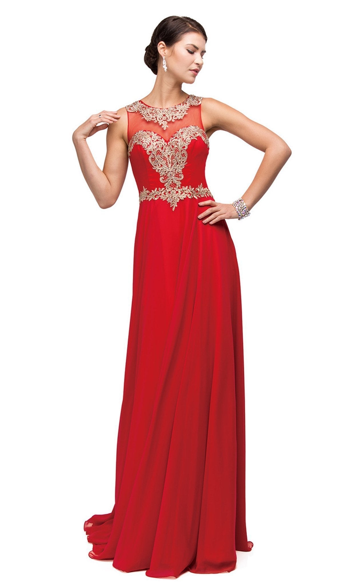 Dancing Queen - 9764 Gilded Lace Illusion A-Line Prom Dress Special Occasion Dress XS / Red