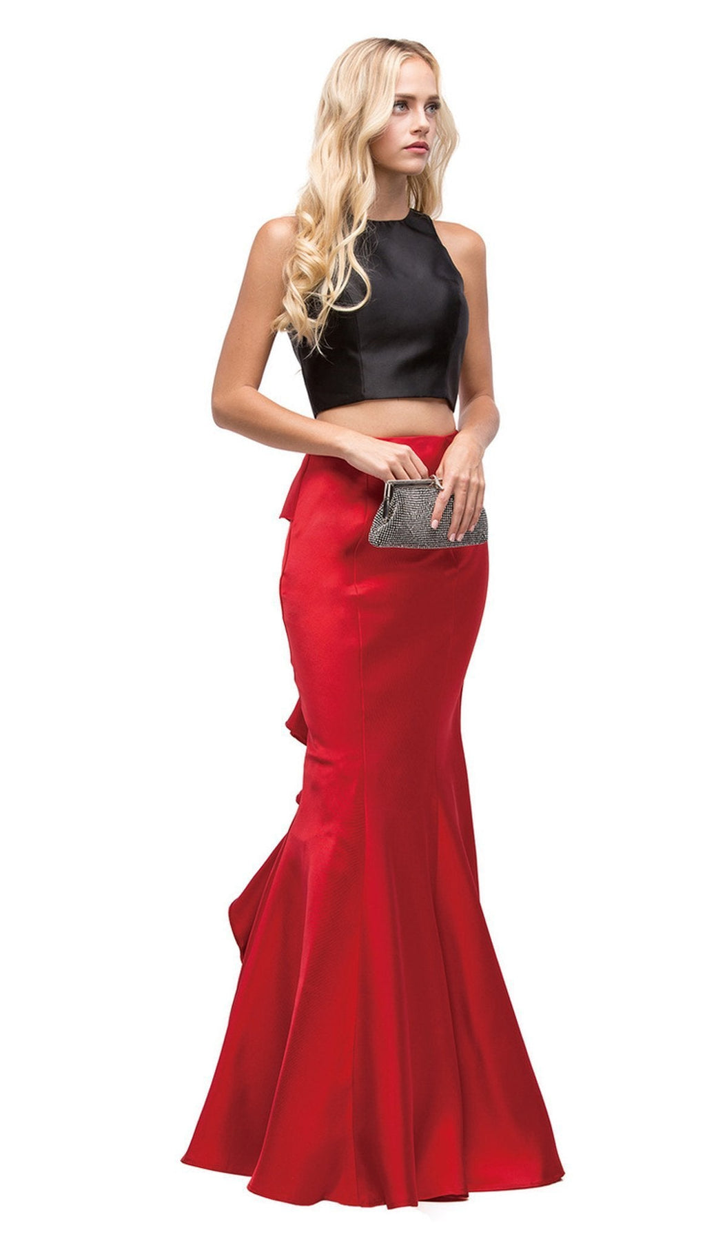 Dancing Queen - 9767 Two Piece Trumpet Silhouette Prom Dress with Ruffled Back Special Occasion Dress XS / Blk/Red