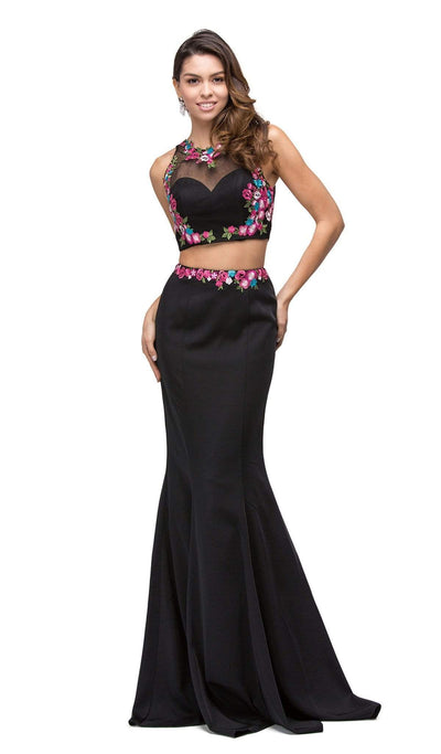 Dancing Queen - 9778 Floral Embroidered Two-piece Mermaid Prom Dress Prom Dresses XS / Black/Fuchsia