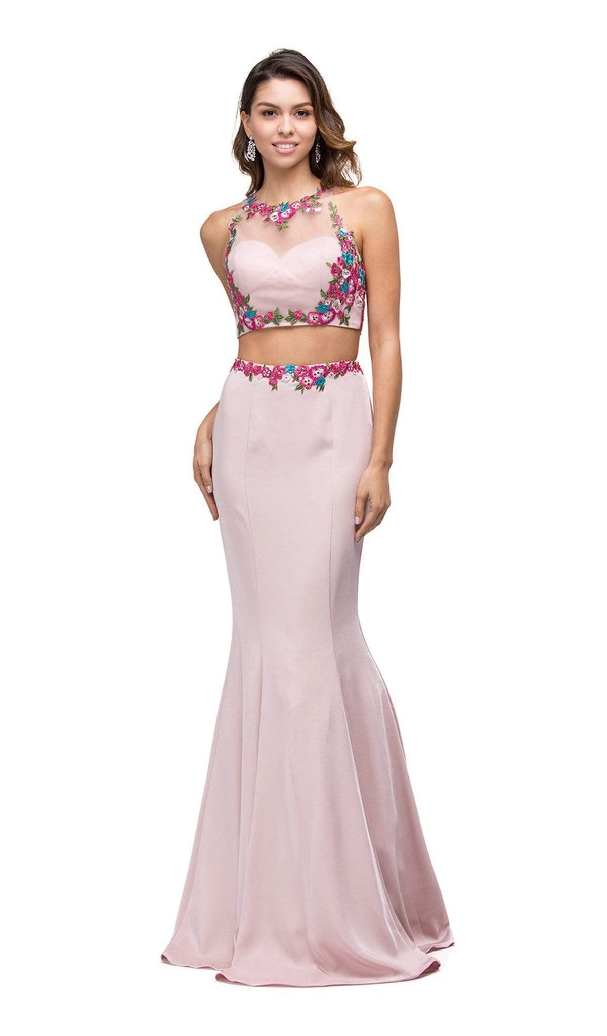 Dancing Queen - 9778 Floral Embroidered Two-piece Mermaid Prom Dress Prom Dresses XS / Blush/Fuchsia