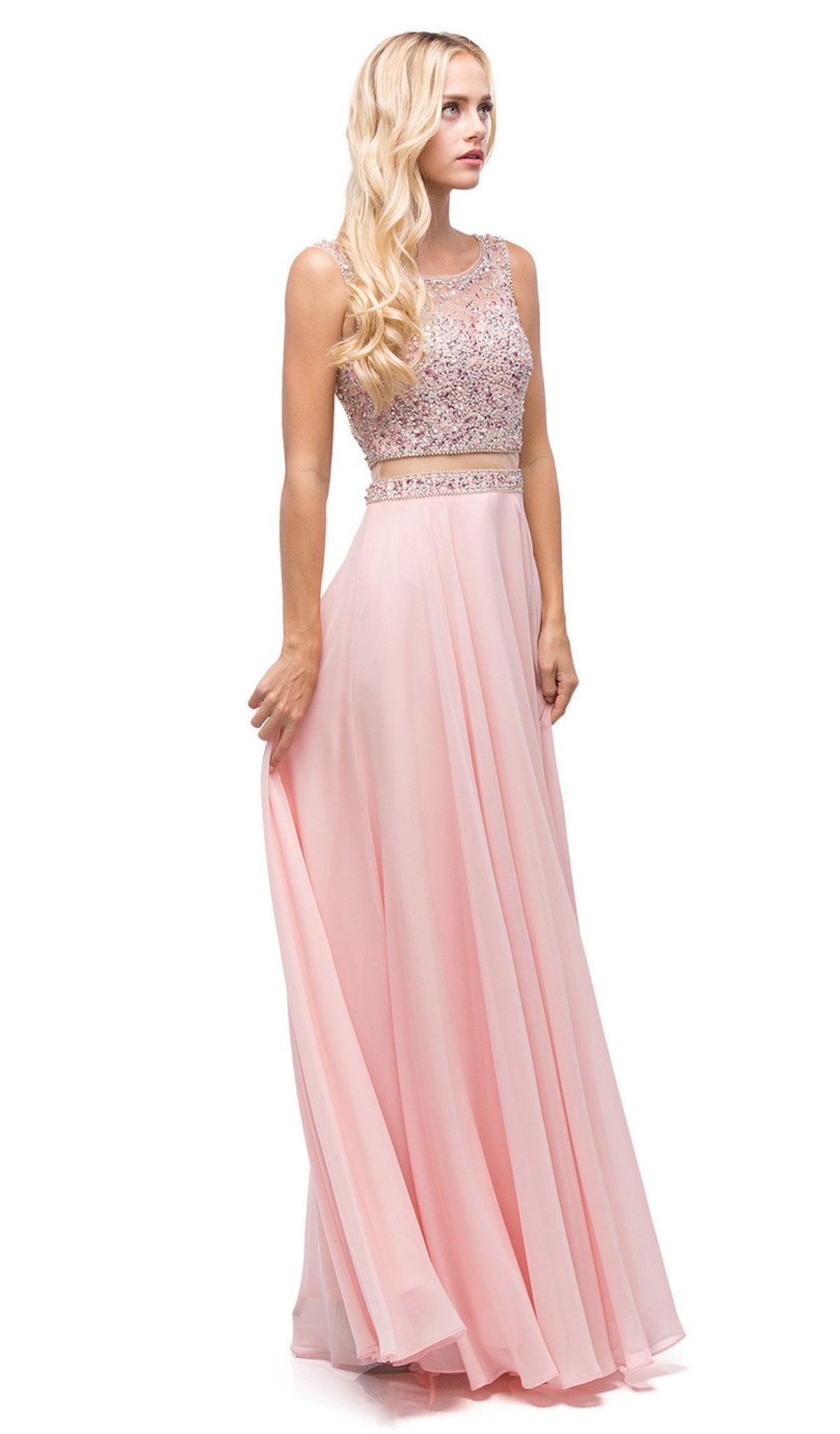 Dancing Queen - 9789 Illusion Two-Piece Embellished Top Prom Dress Special Occasion Dress XS / Blush