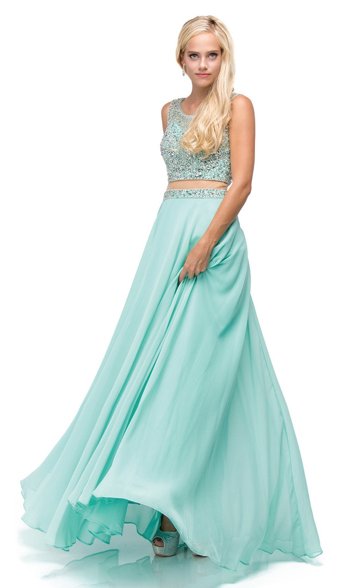 Dancing Queen - 9789 Illusion Two-Piece Embellished Top Prom Dress Special Occasion Dress XS / Mint