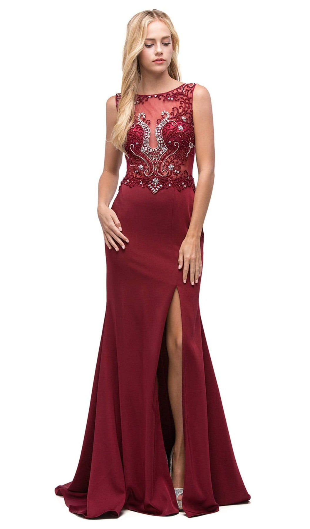 Dancing Queen - 9791 Beaded Sheer Trumpet Prom Dress Special Occasion Dress XS / Burgundy
