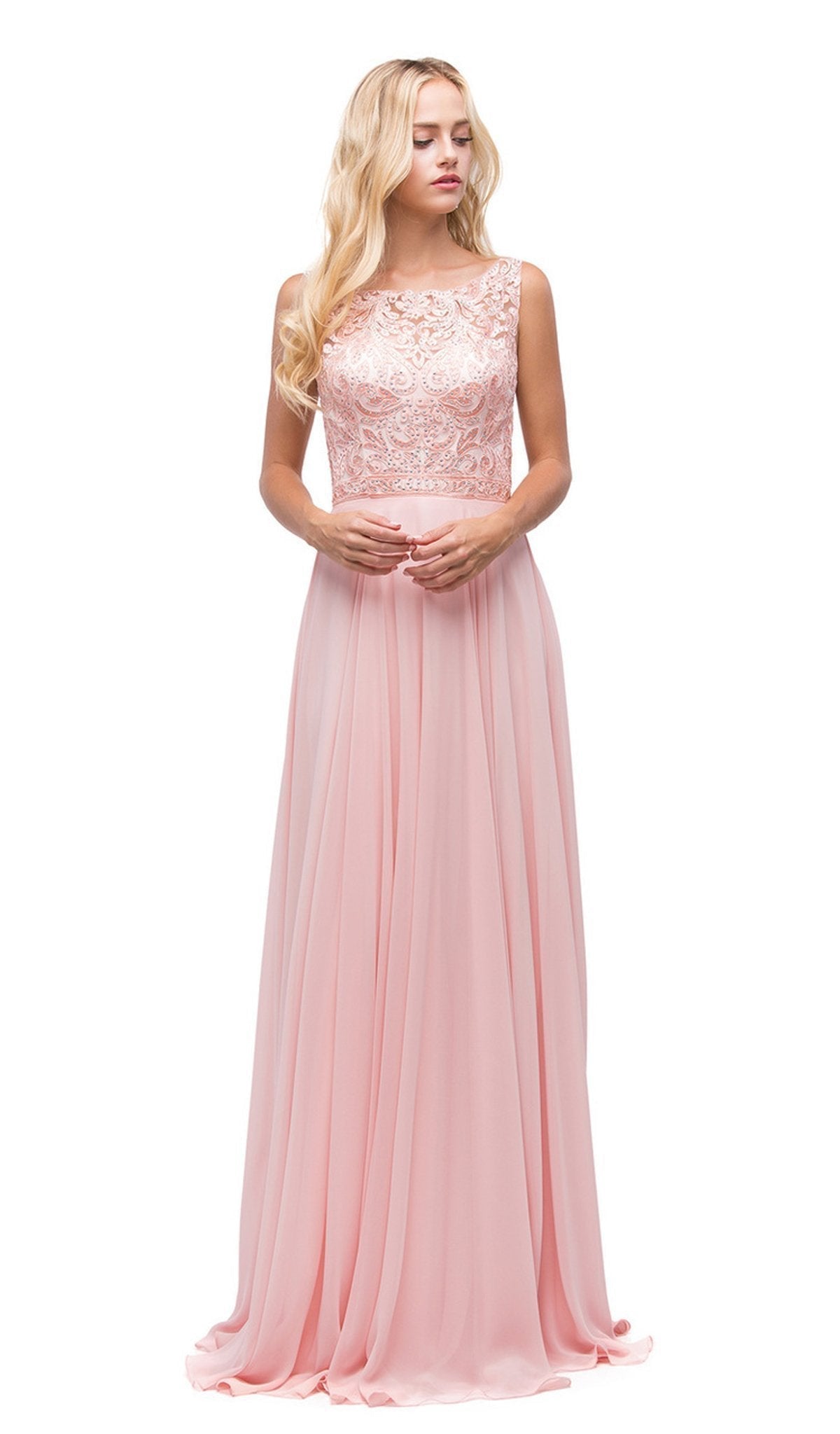 Dancing Queen - 9847 Elegant Lace Illusion A-Line Long Prom Dress Prom Dresses XS / Blush