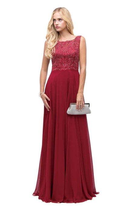 Dancing Queen - 9847 Elegant Lace Illusion A-Line Long Prom Dress Prom Dresses XS / Burgundy