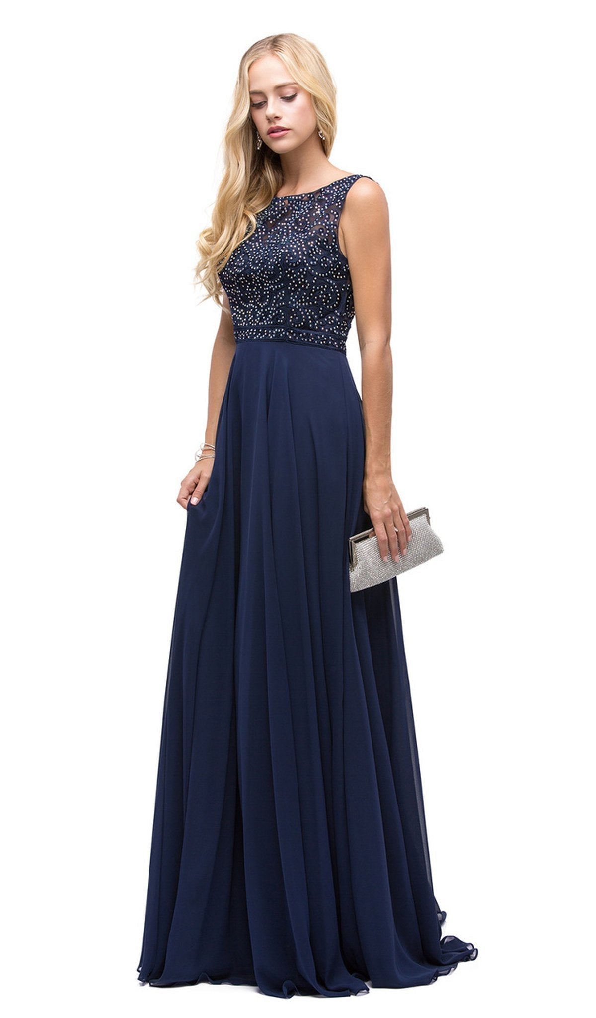 Dancing Queen - 9847 Elegant Lace Illusion A-Line Long Prom Dress Prom Dresses XS / Navy