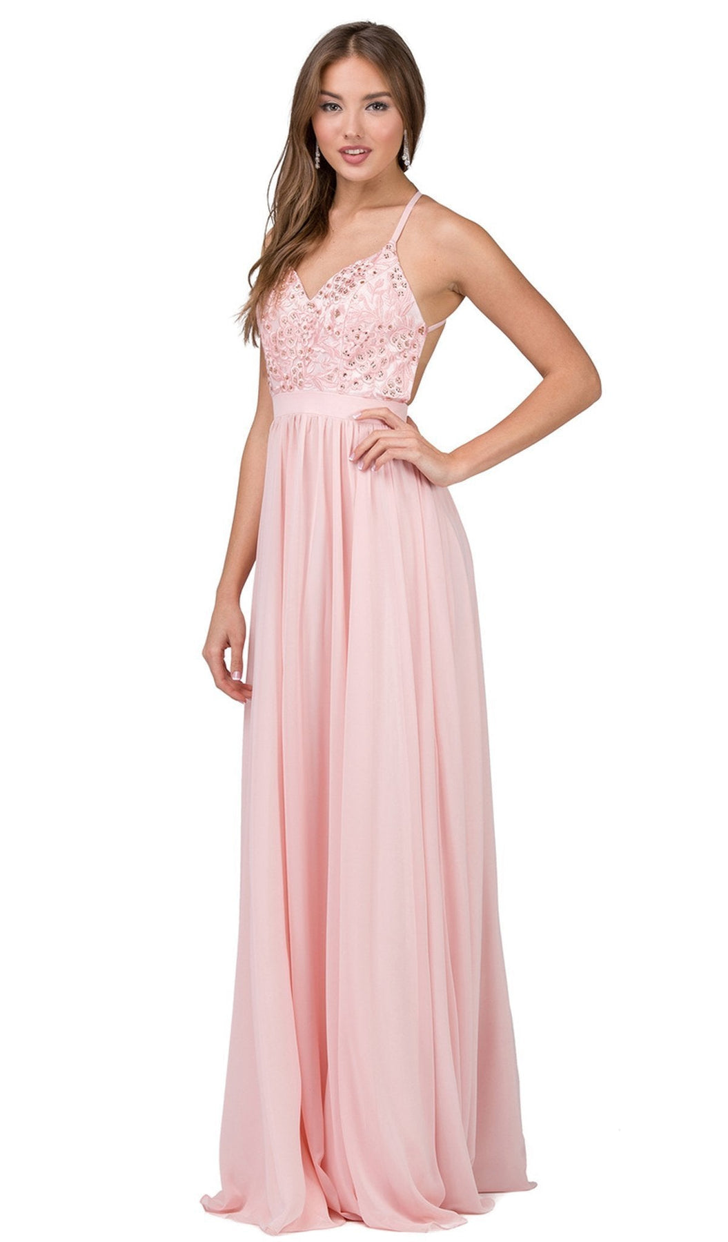 Dancing Queen - 9850 Beaded Lace V-neck A-line Prom Dress Special Occasion Dress XS / Blush