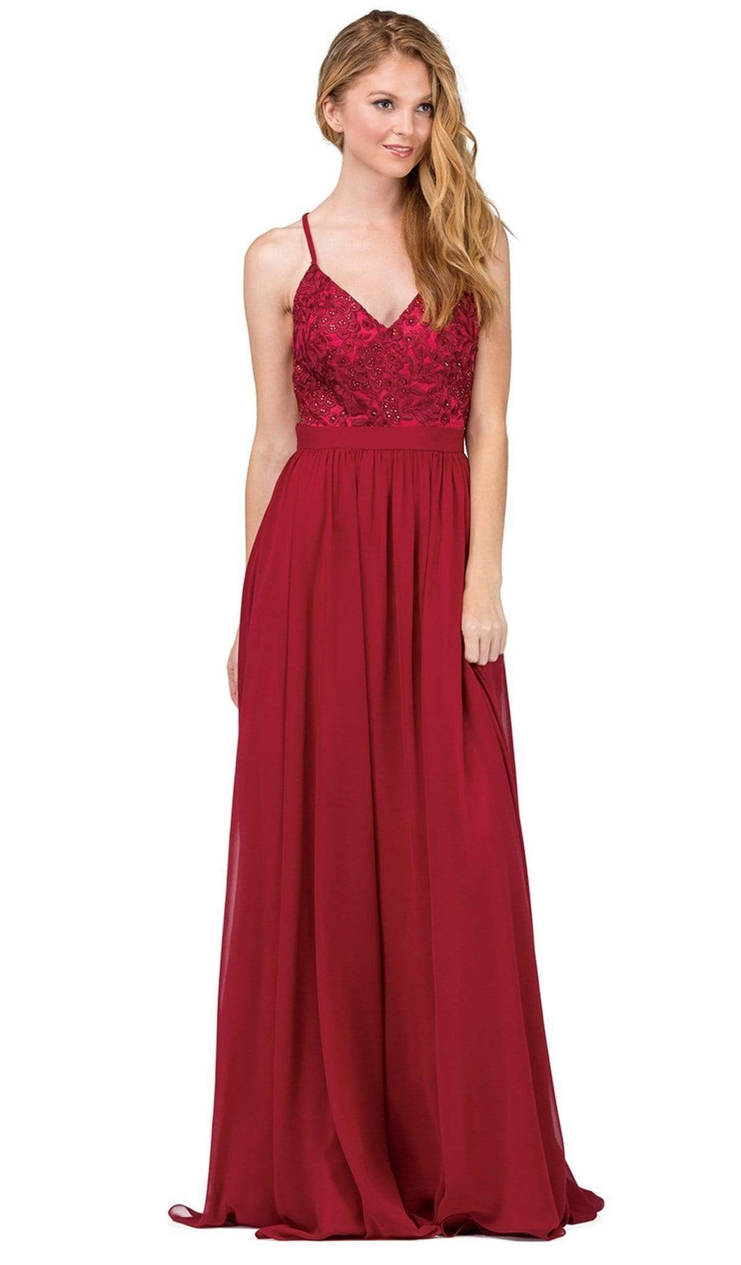 Dancing Queen - 9850 Beaded Lace V-neck A-line Prom Dress Prom Dresses XS / Burgundy