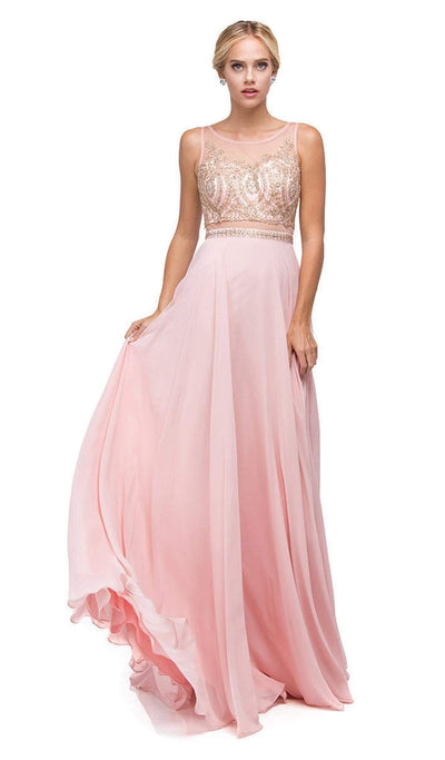 Dancing Queen - 9856 Illusion Bateau Gilded Evening Gown Special Occasion Dress XS / Blush