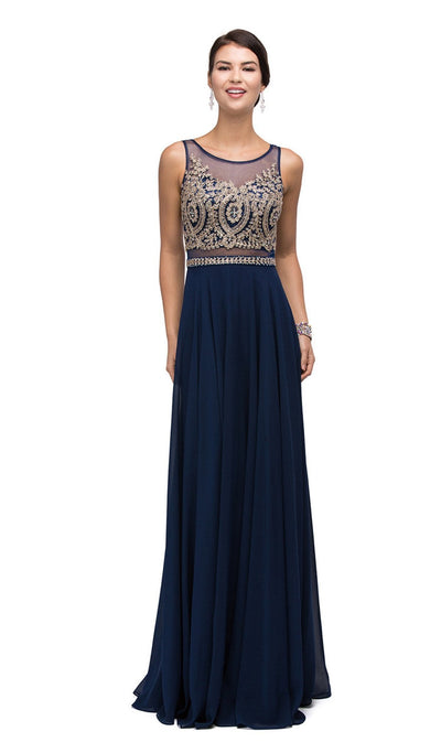 Dancing Queen - 9856 Illusion Bateau Gilded Evening Gown Special Occasion Dress XS / Navy
