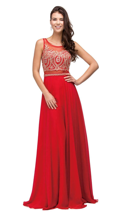 Dancing Queen - 9856 Illusion Bateau Gilded Evening Gown Special Occasion Dress XS / Red
