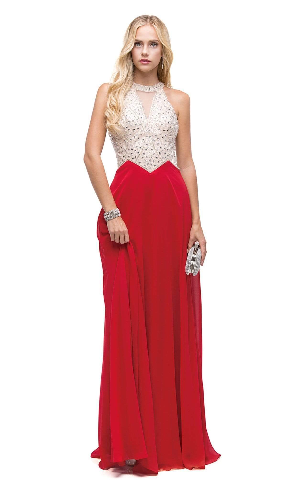 Dancing Queen - 9881 Bedazzled Halter A-line Evening Dress Evening Dressses XS / Red