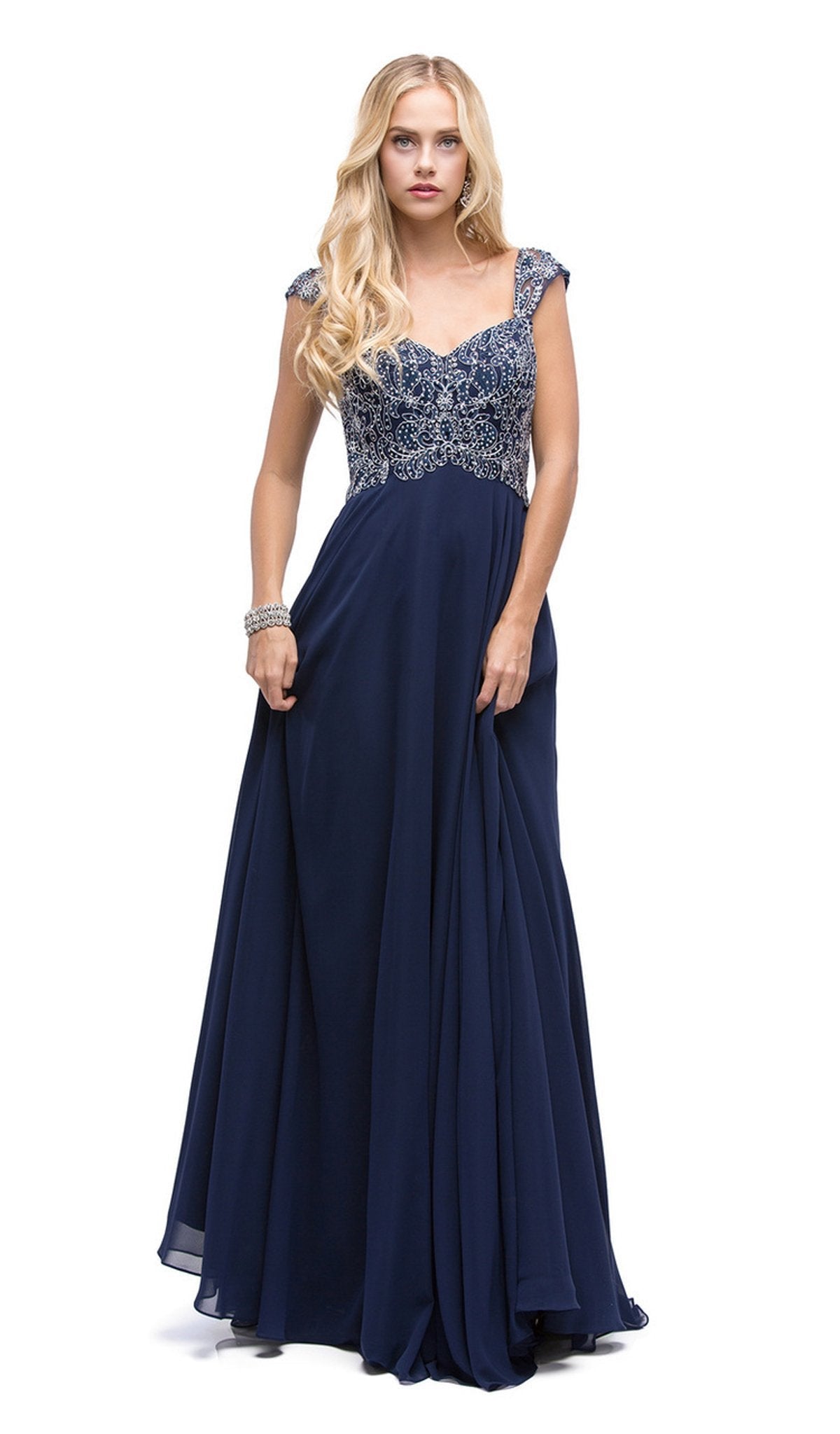 Dancing Queen - 9899 Embellished Lace Bodice  V-Back Long Formal Dress Mother of the Bride Dresses XS / Navy