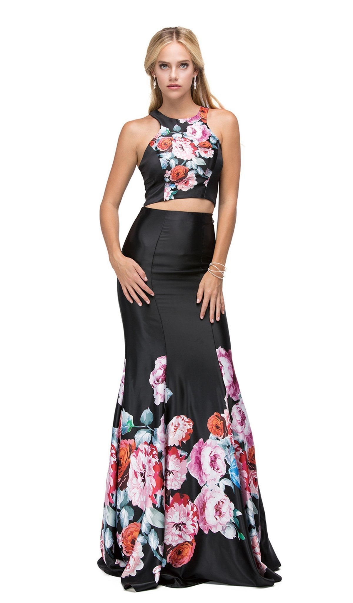 Dancing Queen - 9904 Two-Piece Floral Multi-print Formal Dress Special Occasion Dress XS / Black/Multi Print