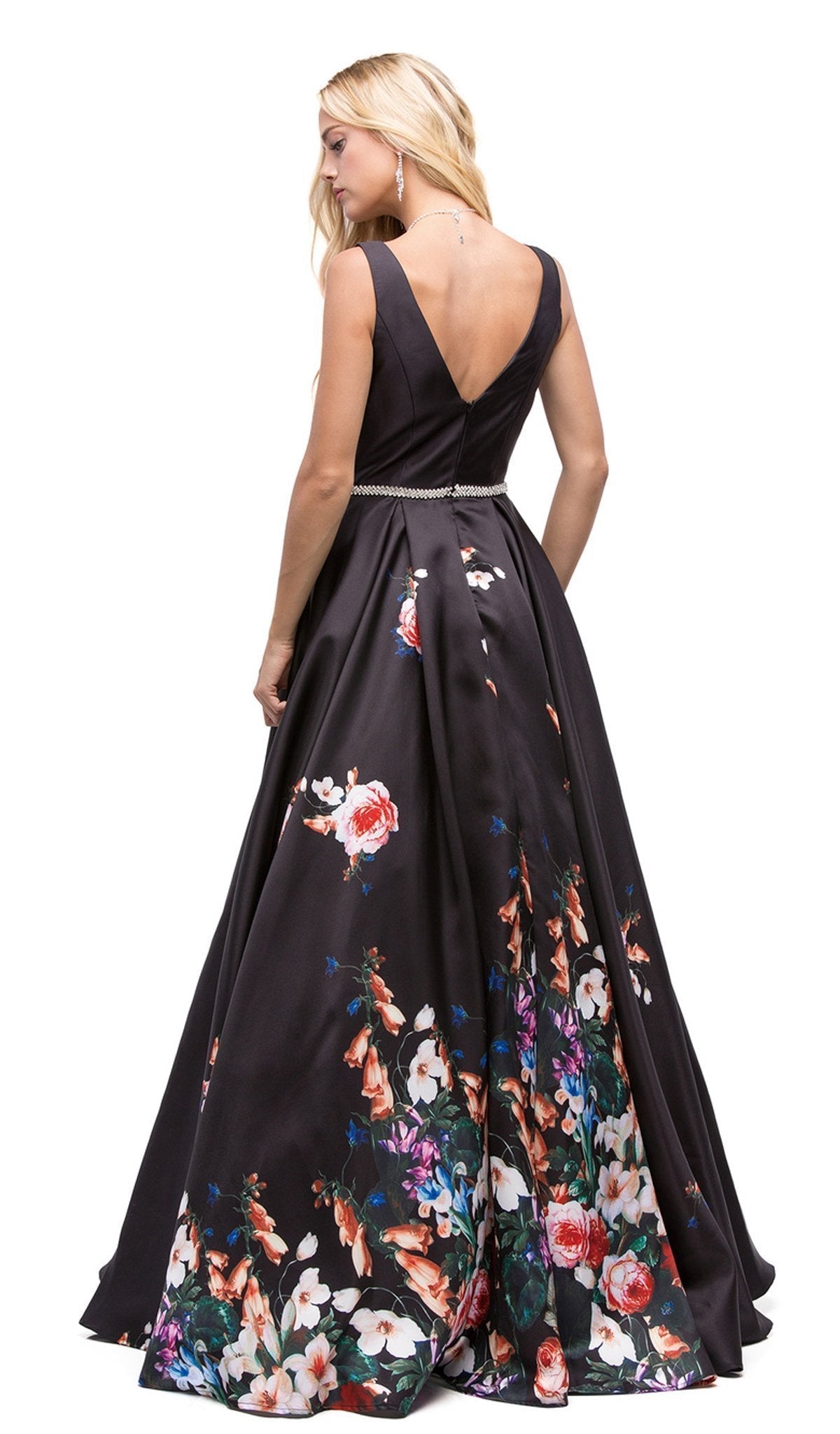 Dancing Queen - 9920 Attractive Long V-Neck Floral Print Prom Dress Special Occasion Dress M / Black/M Print