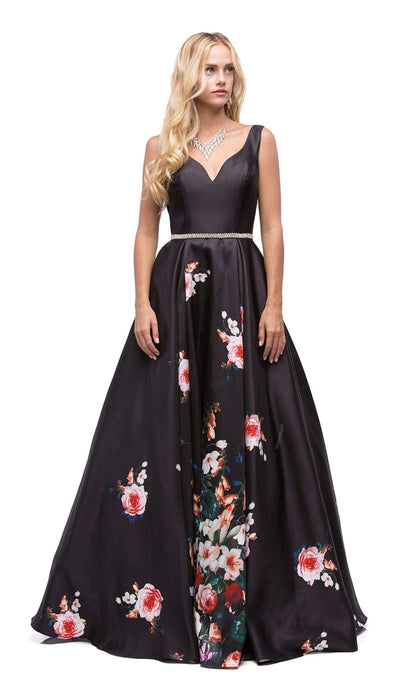 Dancing Queen - 9920 Attractive Long V-Neck Floral Print Prom Dress Prom Dresses XS / Black/M Print