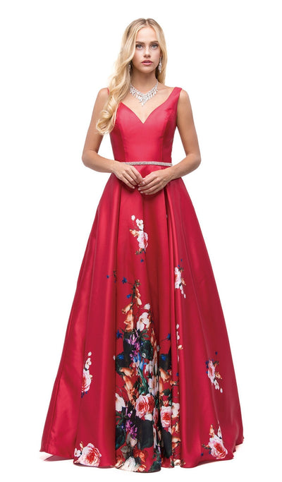 Dancing Queen - 9920 Attractive Long V-Neck Floral Print Prom Dress Special Occasion Dress XS / Red/M Print