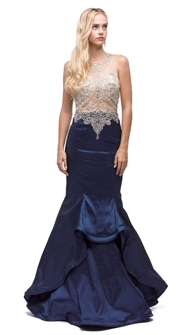 Dancing Queen - 9930 Jeweled Illusion Bodice Flounced Mermaid Gown Special Occasion Dress XS / Navy