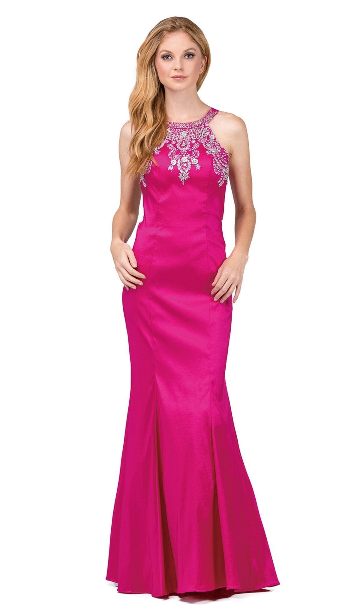 Dancing Queen - 9943 Embellished Halter Mermaid Evening Dress Special Occasion Dress XS / Fuchsia