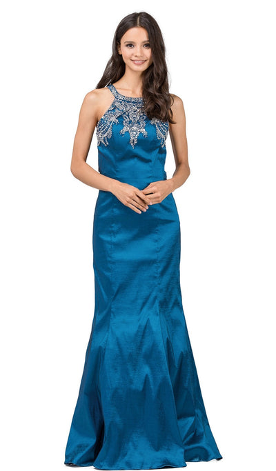 Dancing Queen - 9943 Embellished Halter Mermaid Evening Dress Special Occasion Dress XS / Teal