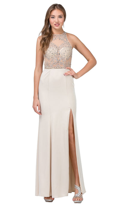 Dancing Queen - 9974 Beaded Illusion Halter Evening Dress With Slit Special Occasion Dress XS / Champagne