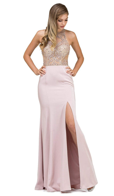 Dancing Queen - 9974 Beaded Illusion Halter Evening Dress With Slit Evening Dresses XS / Dusty Pink