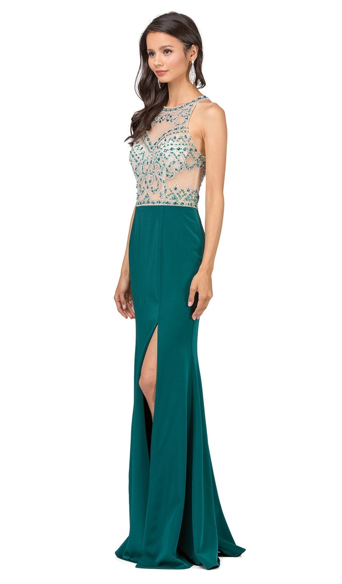 Dancing Queen - 9974 Beaded Illusion Halter Evening Dress With Slit Special Occasion Dress XS / Hunter Green