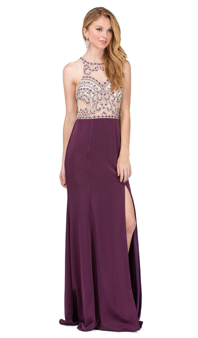 Dancing Queen - 9974 Beaded Illusion Halter Evening Dress With Slit Special Occasion Dress XS / Plum