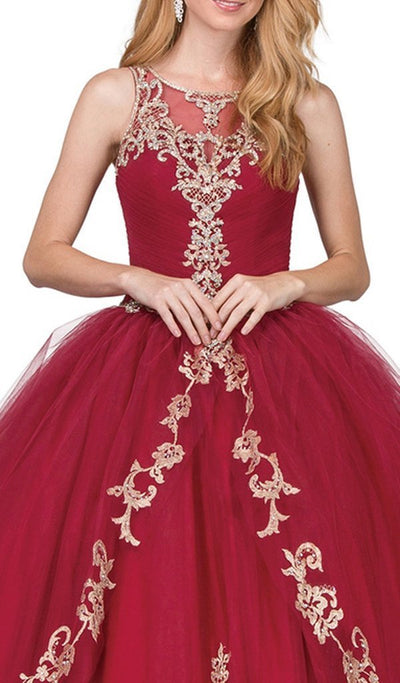 Dancing Queen - Beaded Lace Illusion Halter Quinceanera Ballgown 1225 CCSALE S / Burgundy